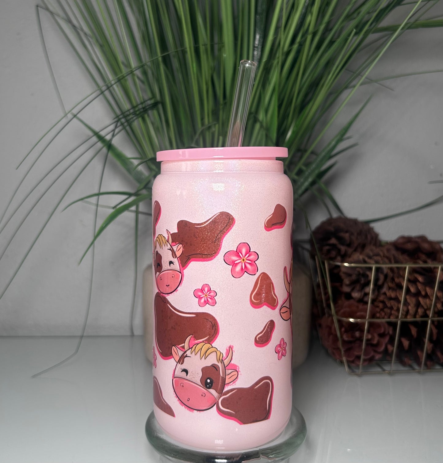 16oz Cow Holographic Pink Glass Cup