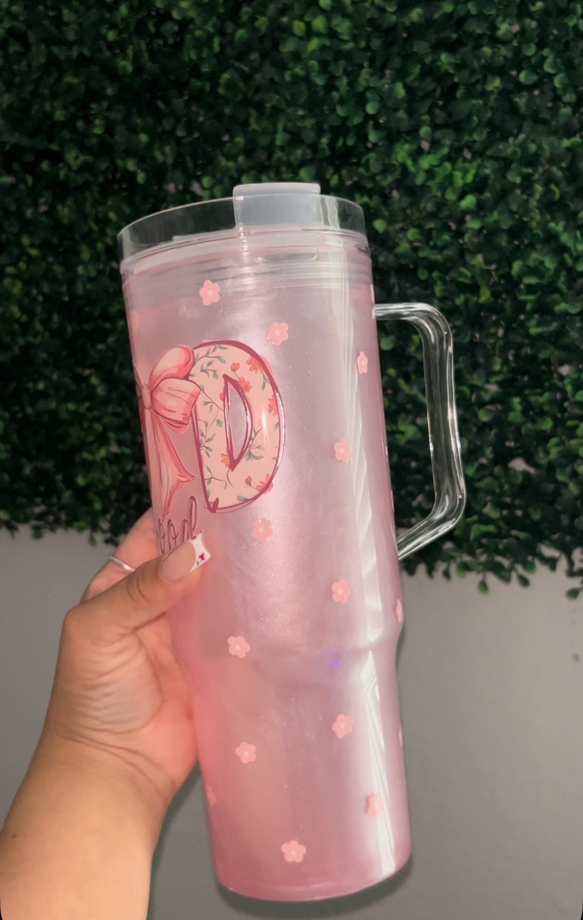 Pink Mica God is Good 40oz handle snowglobe (acrylic plastic)