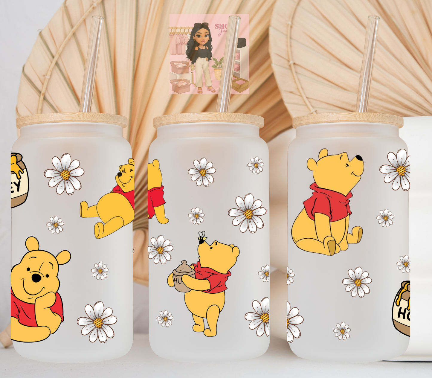 Poo Bear White Flowers UvDTF cup wraps