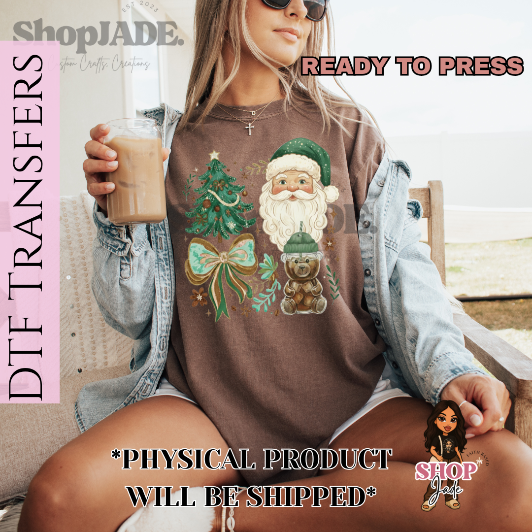 CH58 Green Collage Santa Bear Coffee DTF Transfers (Ready to Press)