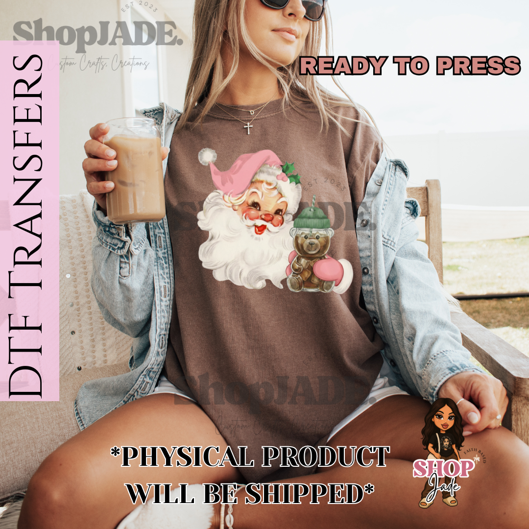CH60 Pink Santa Bear Coffee DTF Transfers (Ready to Press)