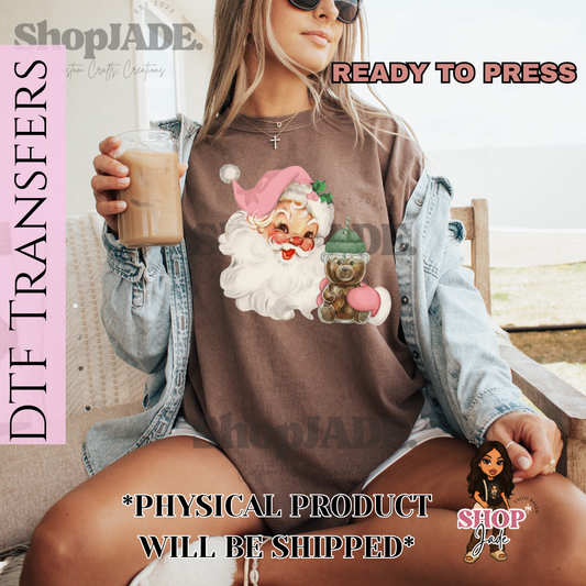 CH60 Pink Santa Bear Coffee DTF Transfers (Ready to Press)