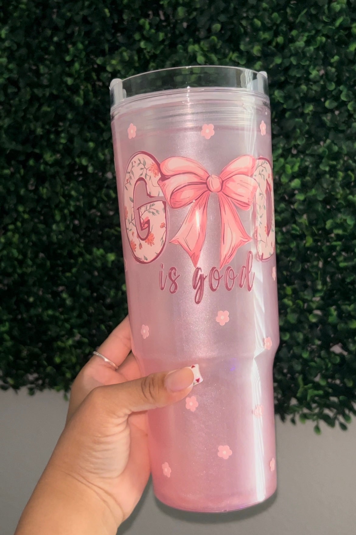 Pink Mica God is Good 40oz handle snowglobe (acrylic plastic)