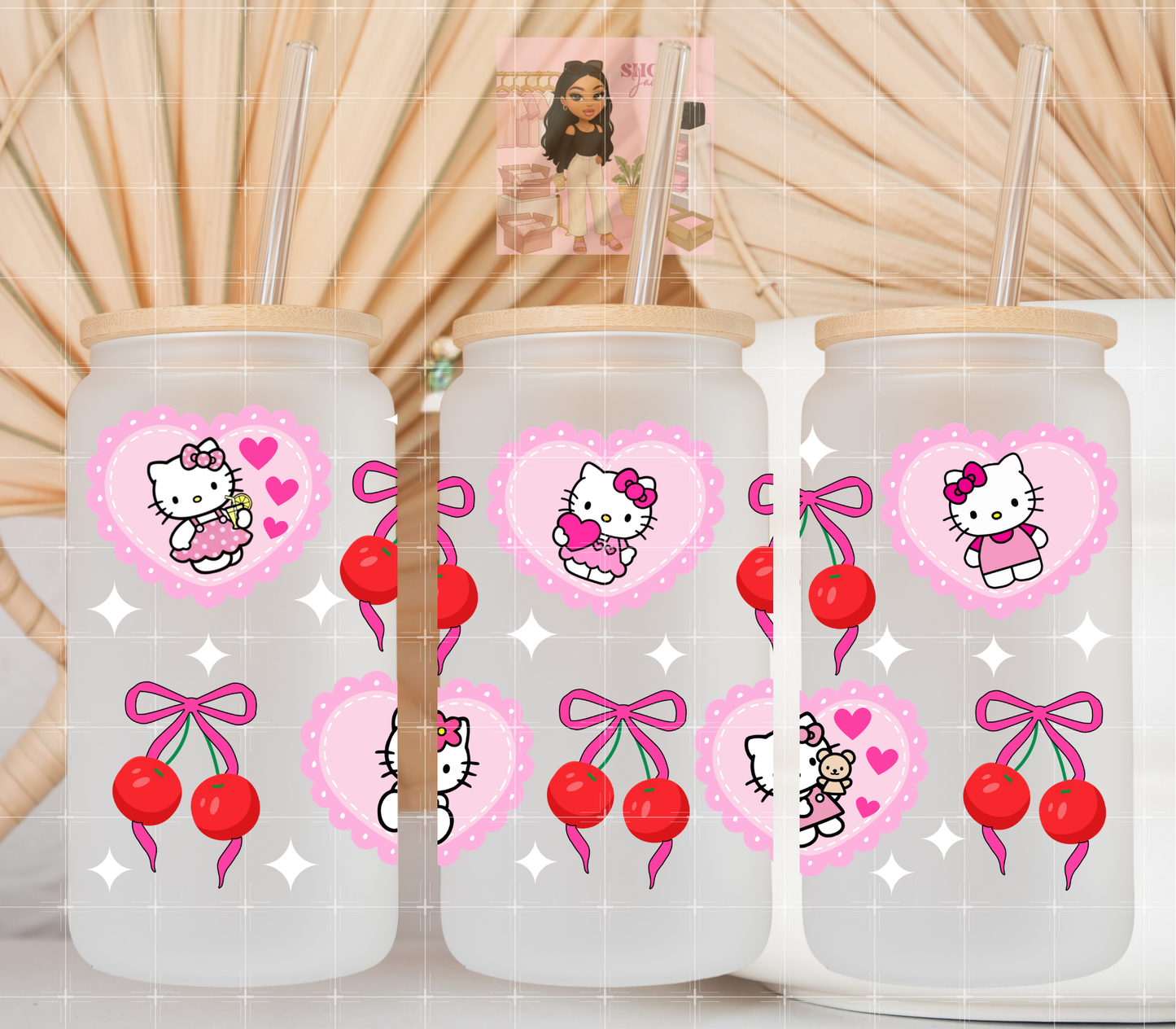 Pink Hearts Cherries Kitty UvDTF cup wraps