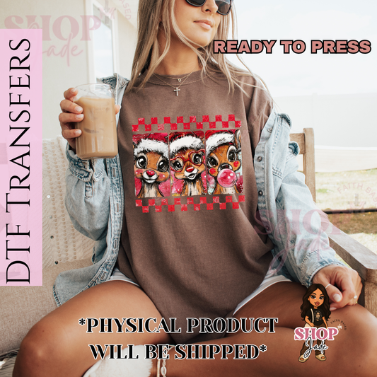 CH16 Red Reindeer Checkered Christmas DTF Transfers (Ready to Press)
