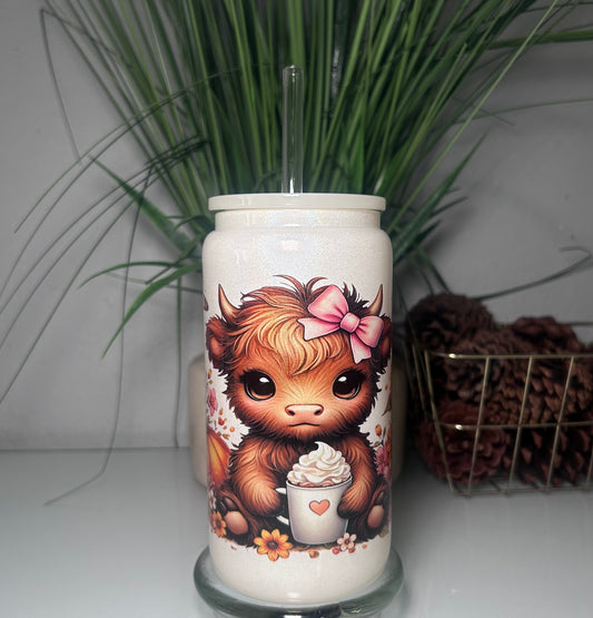 16oz Holo Fall Highland Cow Pumpkins Glass Cup