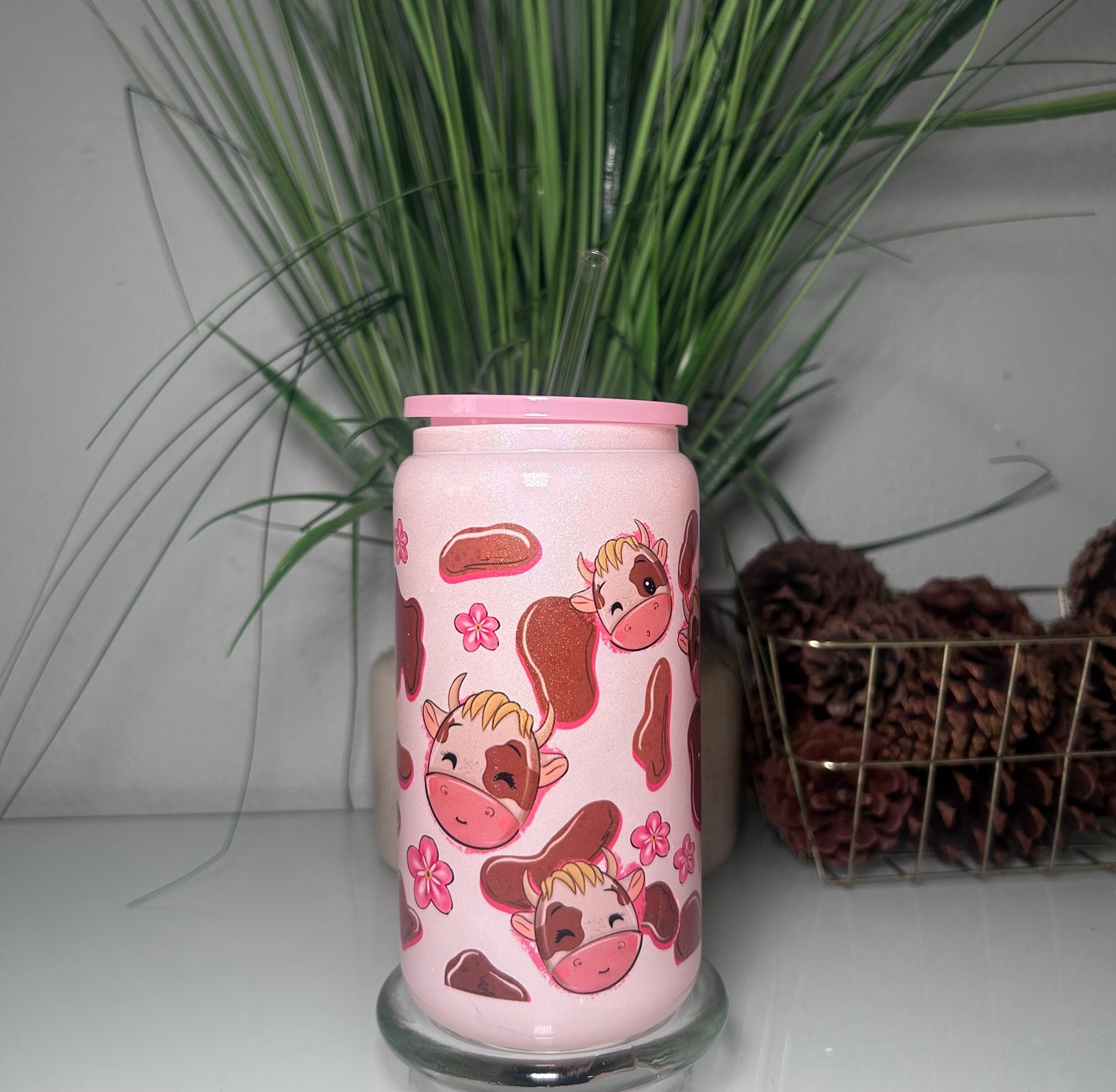 16oz Cow Holographic Pink Glass Cup