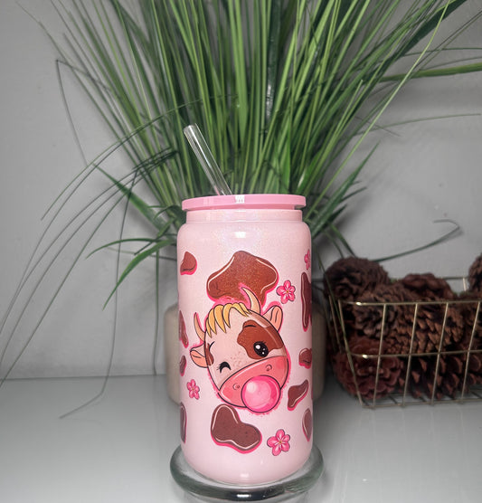 16oz Cow Holographic Pink Glass Cup
