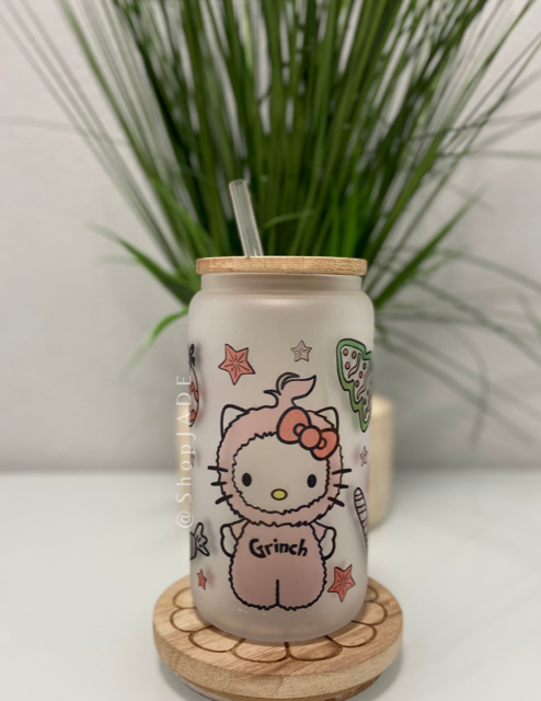 Kitty Grinchy Christmas Glass Cup